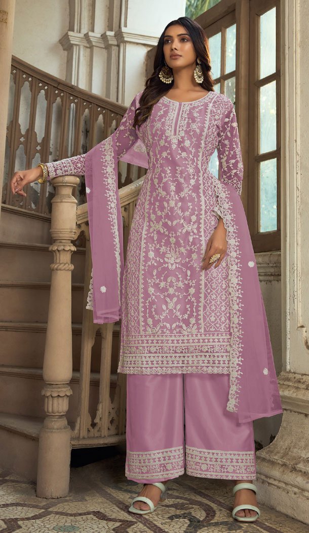 Lavender Butterfly Net Embroidery Work Pakistani Palazzo Suit - 8439182438