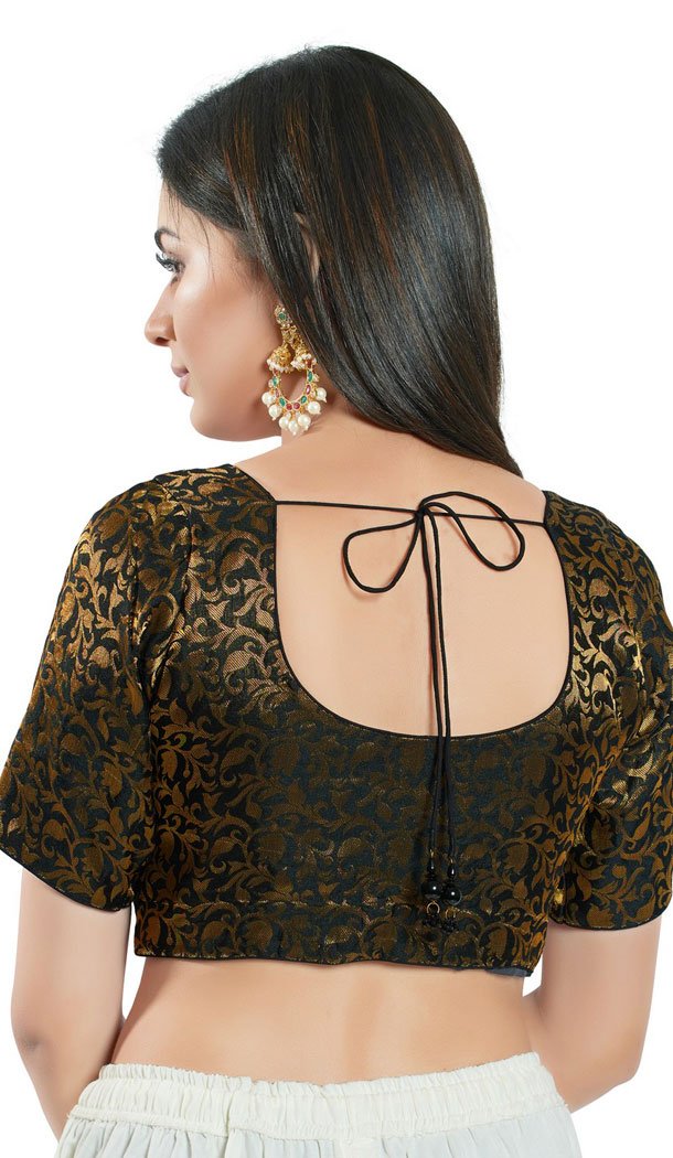 Black Brocade Woven Work Readymade Saree Blouse - 8451182536