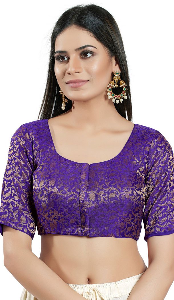 Brinjal Brocade Woven Work Readymade Saree Blouse - 8451182537