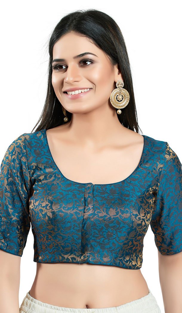 Fire Blue Brocade Woven Work Readymade Saree Blouse - 8451182538