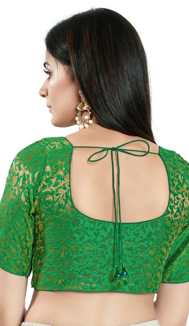 Green Brocade Woven Work Readymade Saree Blouse - 8451182540