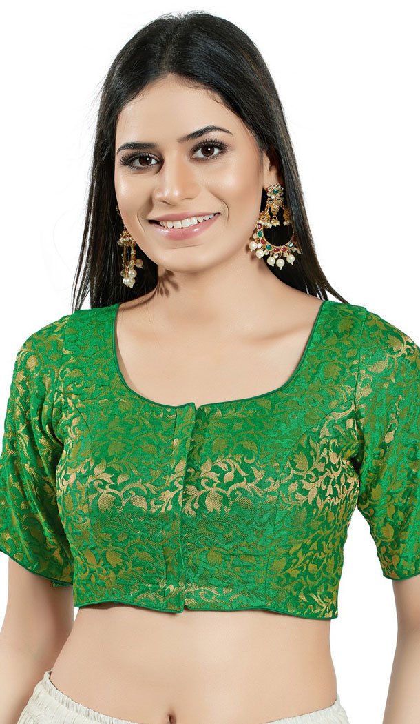 Green Brocade Woven Work Readymade Saree Blouse - 8451182540