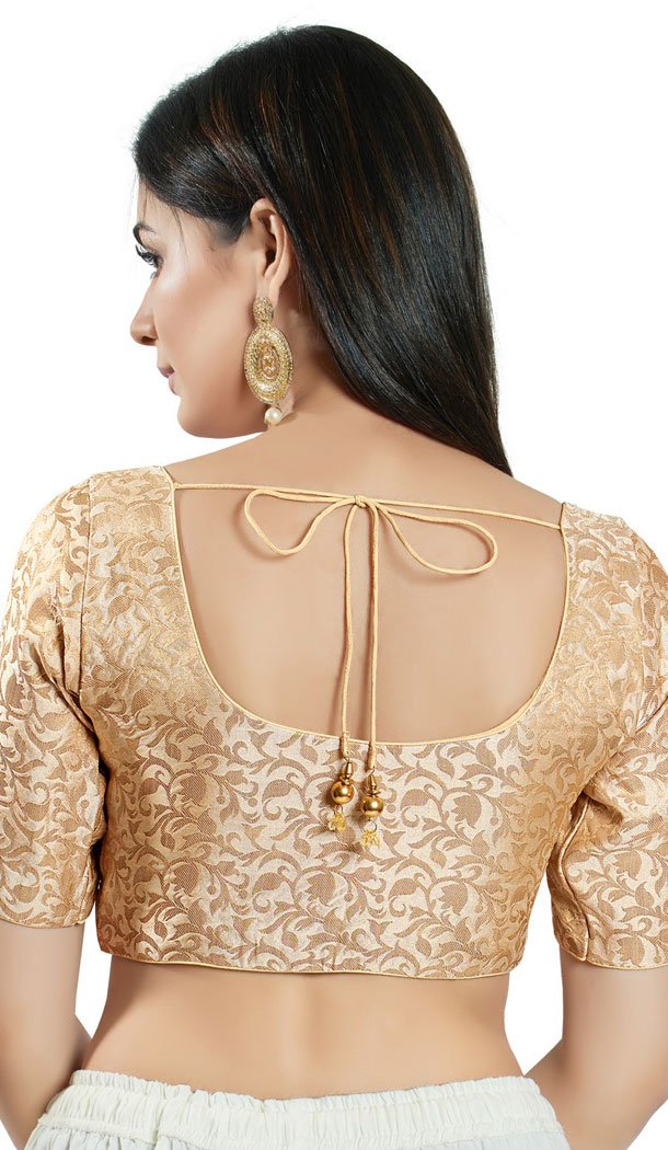 Light Gold Brocade Woven Work Readymade Saree Blouse - 8451182541