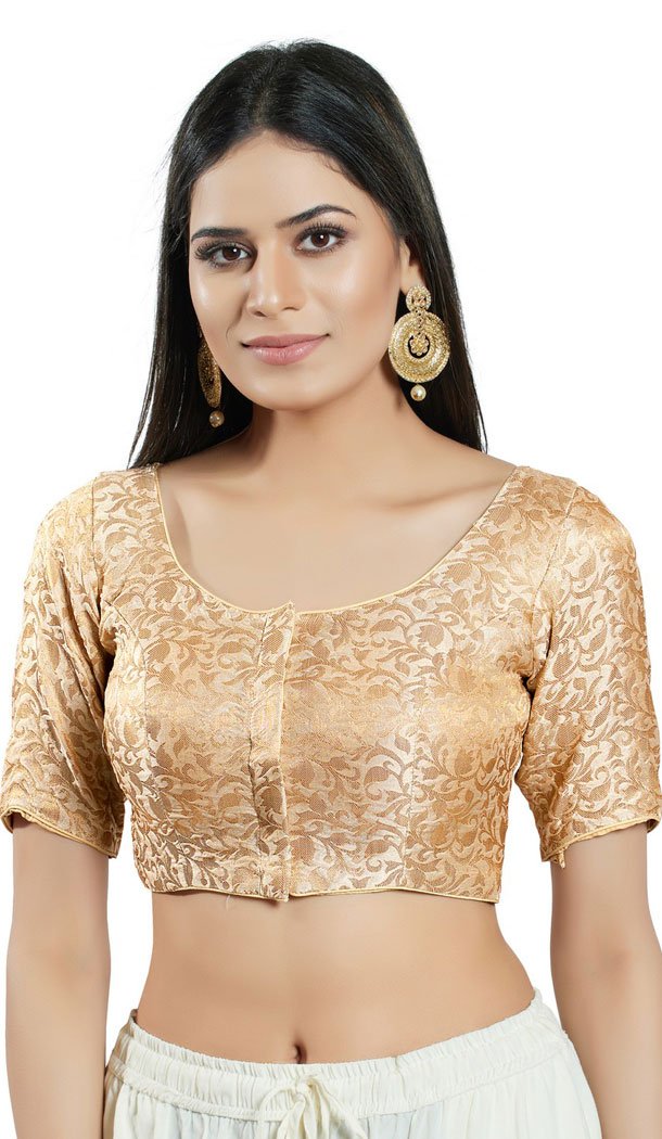 Light Gold Brocade Woven Work Readymade Saree Blouse - 8451182541