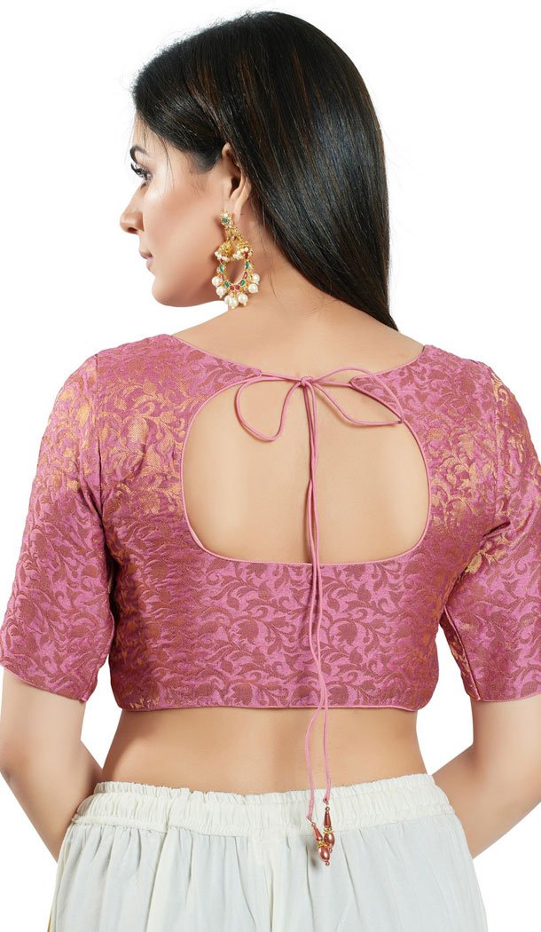 Light Pink Brocade Woven Work Readymade Saree Blouse - 8451182542