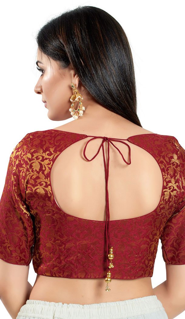 Maroon Brocade Woven Work Readymade Saree Blouse - 8451182543