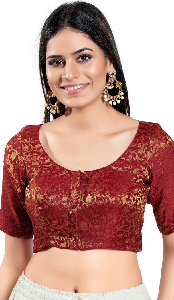 Maroon Brocade Woven Work Readymade Saree Blouse - 8451182543