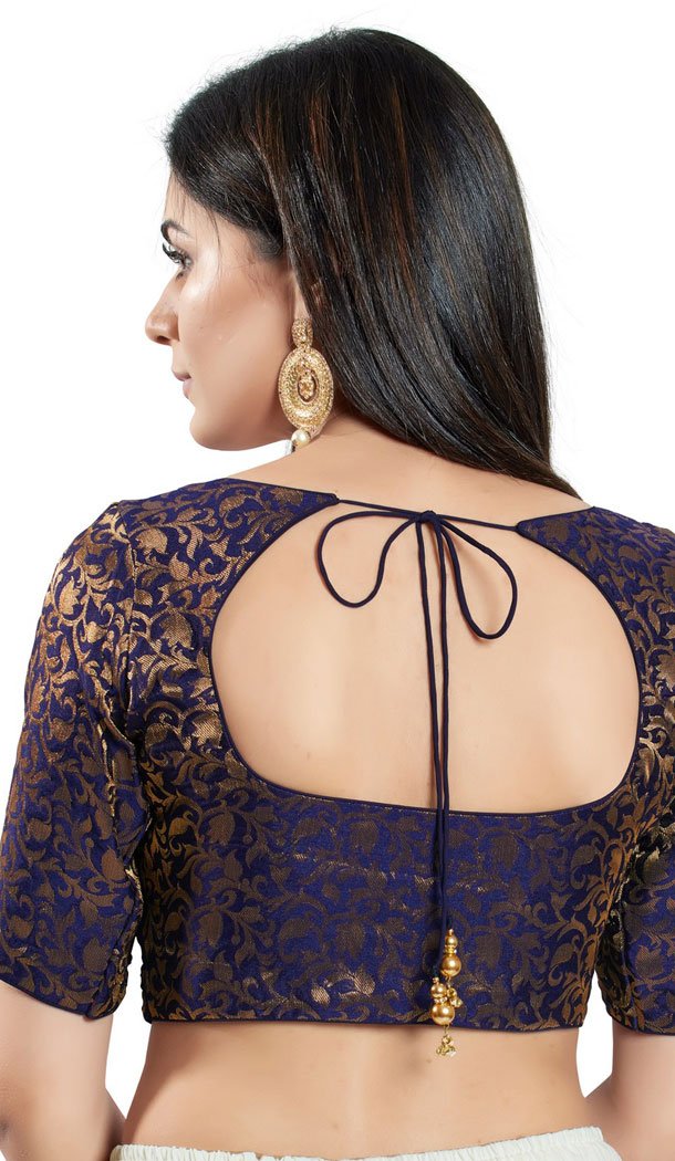 Navy Blue Brocade Woven Work Readymade Saree Blouse - 8451182545