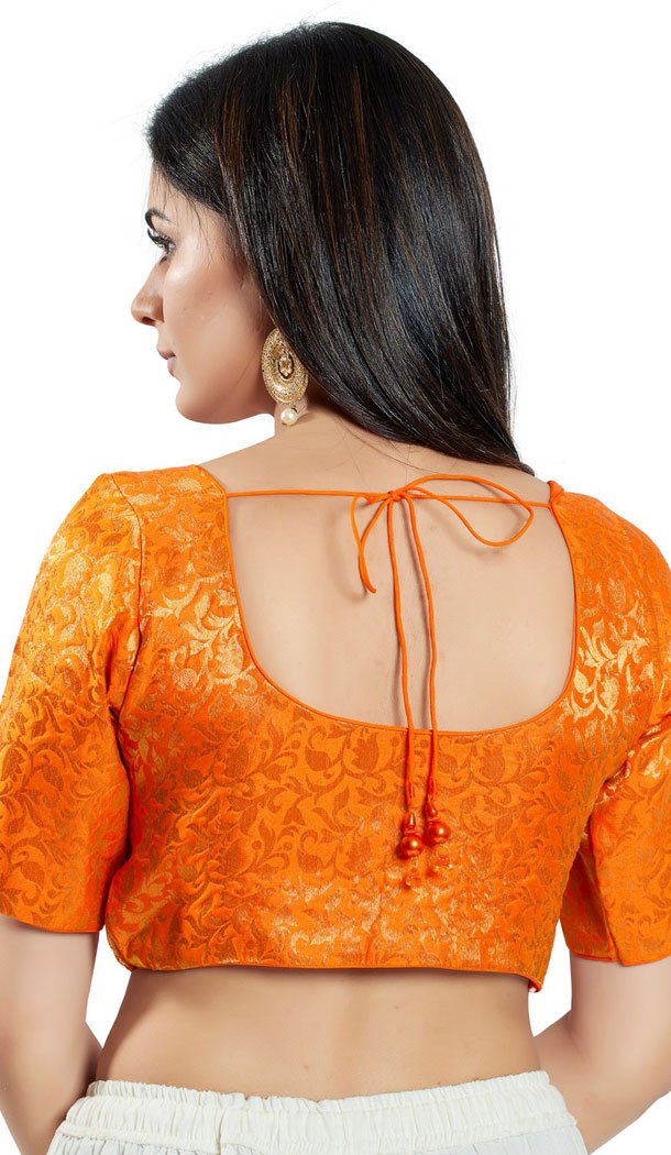 Orange Brocade Woven Work Readymade Saree Blouse - 8451182546