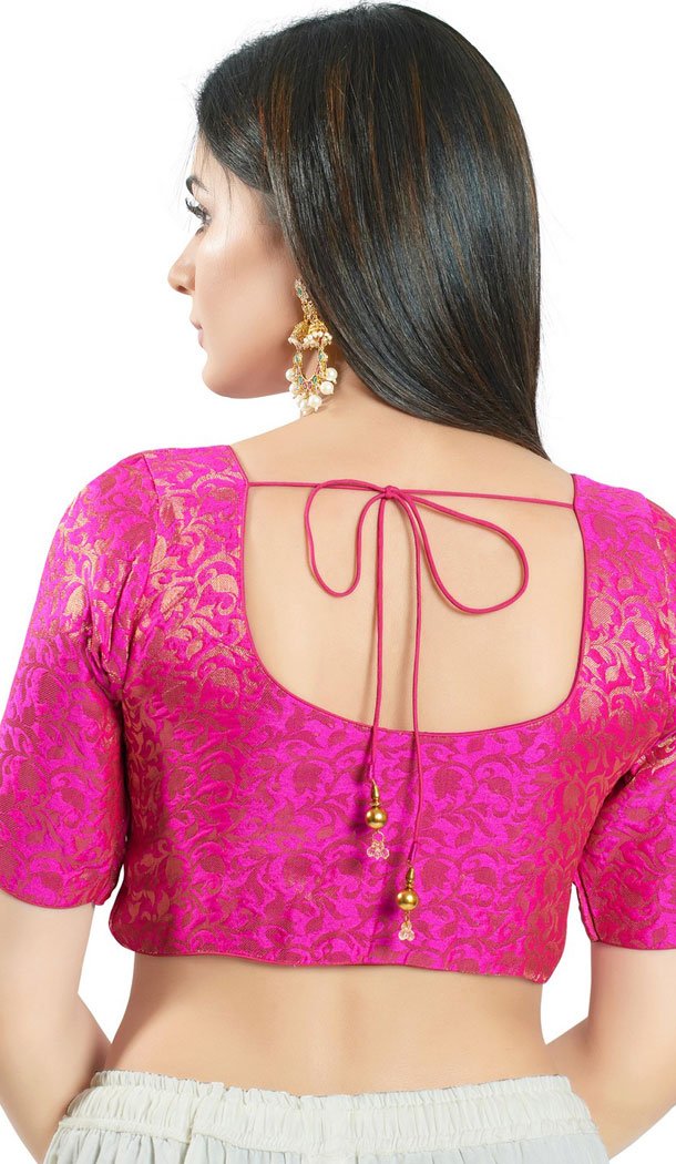 Pink Brocade Woven Work Readymade Saree Blouse - 8451182547