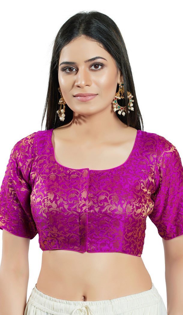 Purple Brocade Woven Work Readymade Saree Blouse - 8451182548