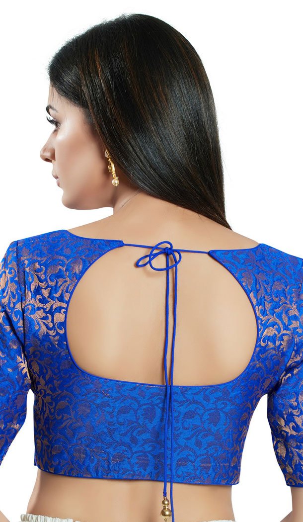 Royal Blue Brocade Woven Work Readymade Saree Blouse - 8451182550