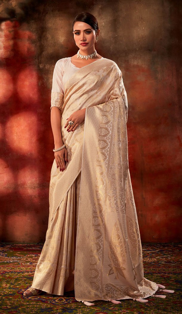 Jacquard Work Beige Color Kanchivaram Silk Indian Saree - 8466182627