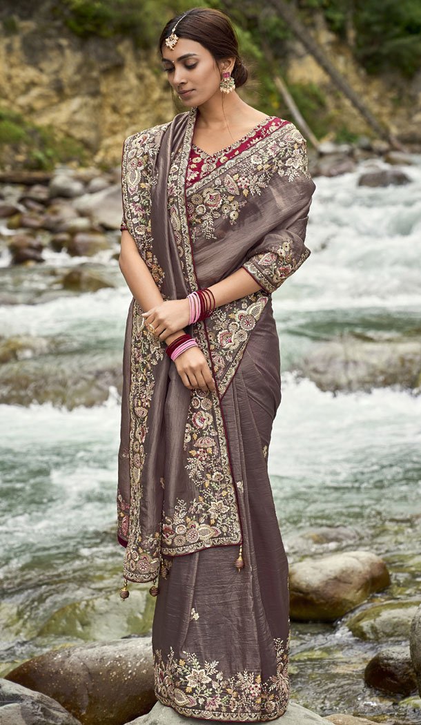 Dark Mauve Silk Embroidery Heavy Wedding Wear Indian Saree - 8467182633