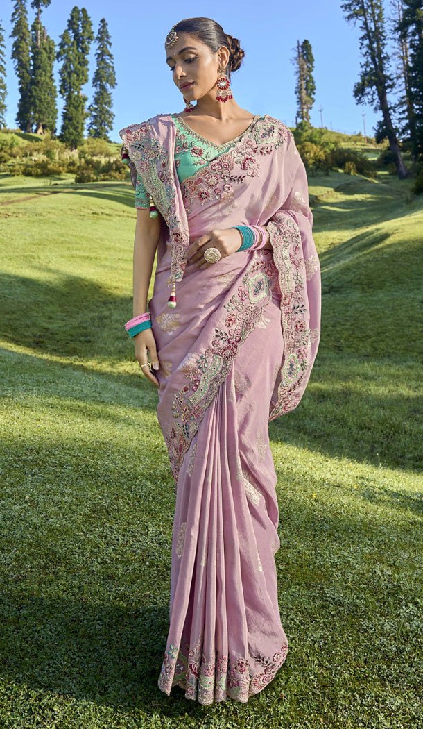Silk Embroidery Light Pink Heavy Wedding Wear Indian Saree - 8467182635