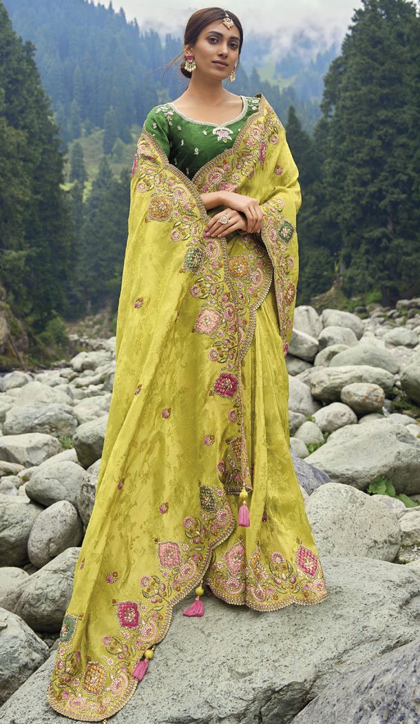 Silk Embroidery Yellow Heavy Wedding Wear Indian Saree - 8467182638