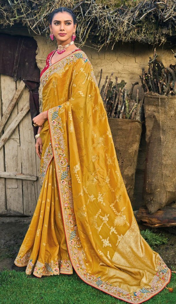 Banarasi Silk Resham And Sequins Work Designer Mustard Indian Saree - 8468182644
