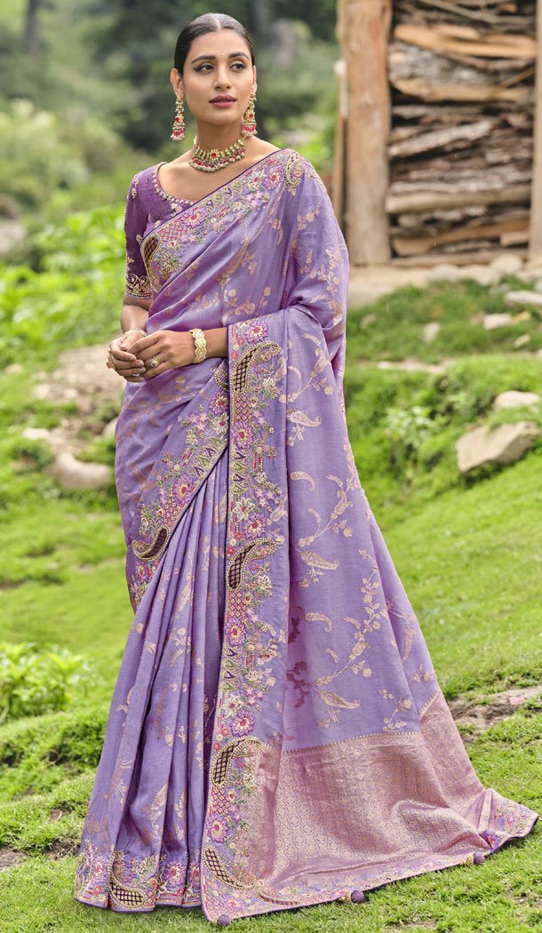 Banarasi Silk Resham And Sequins Work Designer Lavender Indian Saree - 8468182650