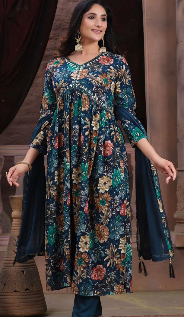 Rayon Embroidery Work Readymade Salwar Suit In Navy Blue - 8470182660