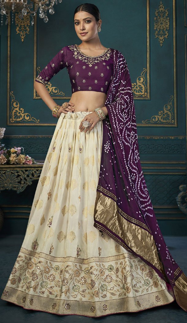 Cream Dola Silk Weaving Work Wedding Wear Plus Size Lehenga Choli - 8479182699