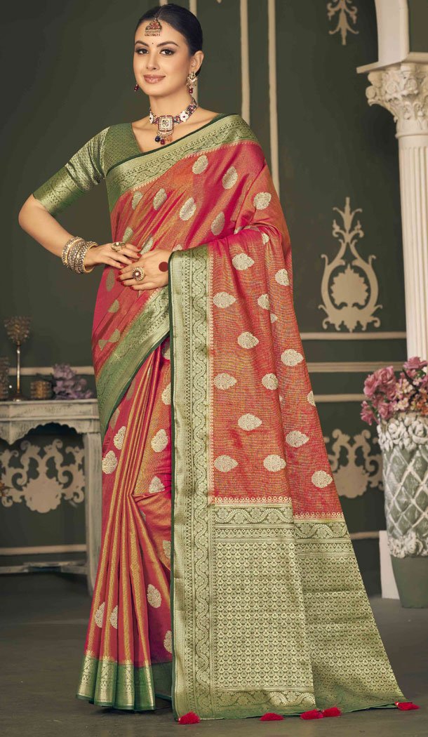 Tissue Silk Weaving Butti Work Indian Saree In Red - 8480182704
