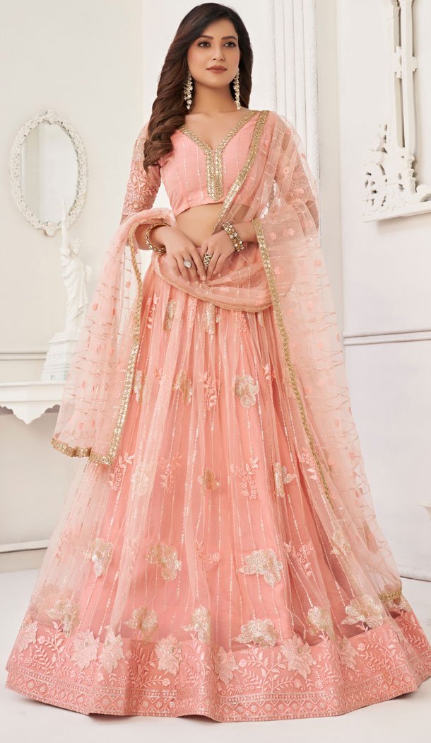 Butterfly Net Embroidery Work Plus Size Lehenga Choli In Peach - 8489182753