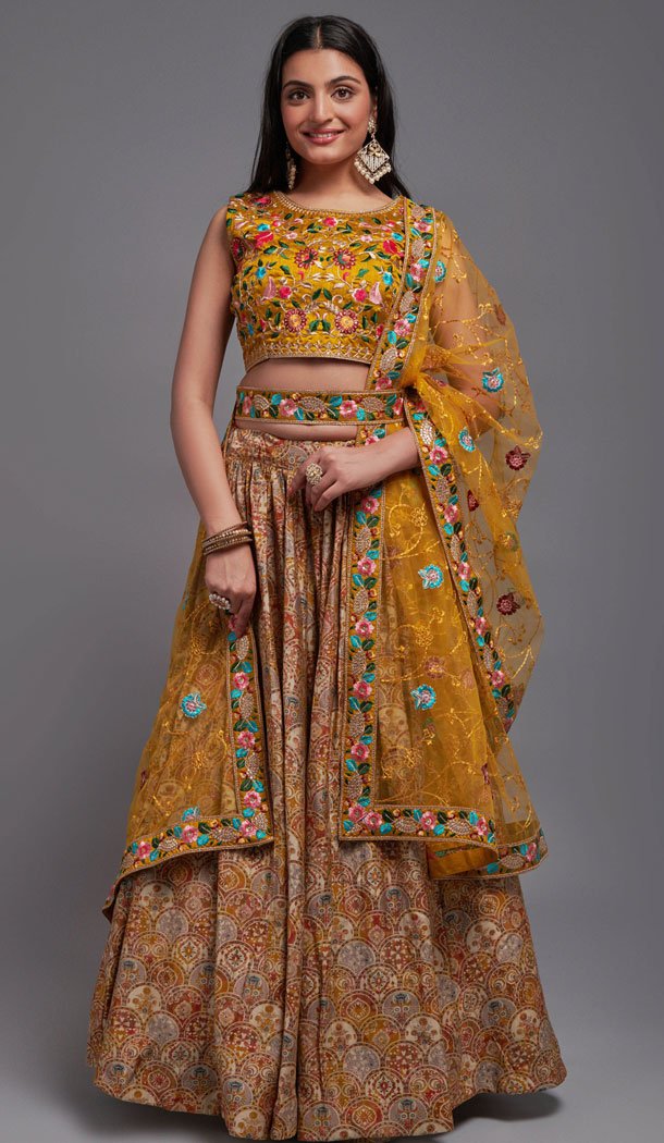 Mustard Viscose Blend Sequence Embroidery Work Plus Size Lehenga Choli - 8498182798