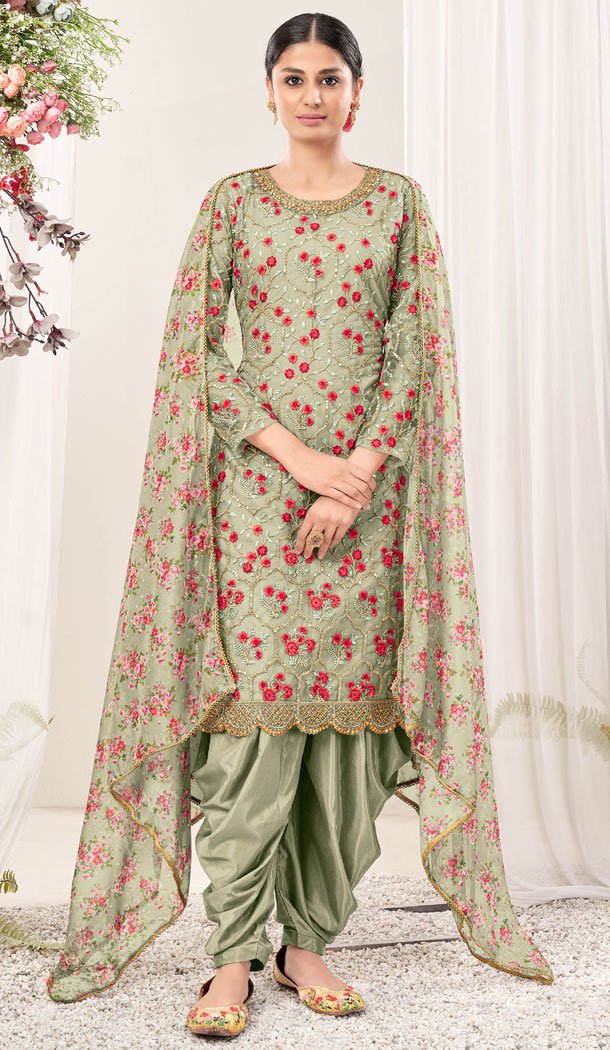 Net Embroidery Work Pista Green Color Punjabi Patiala Salwar Suit 8503182817 Heena Style