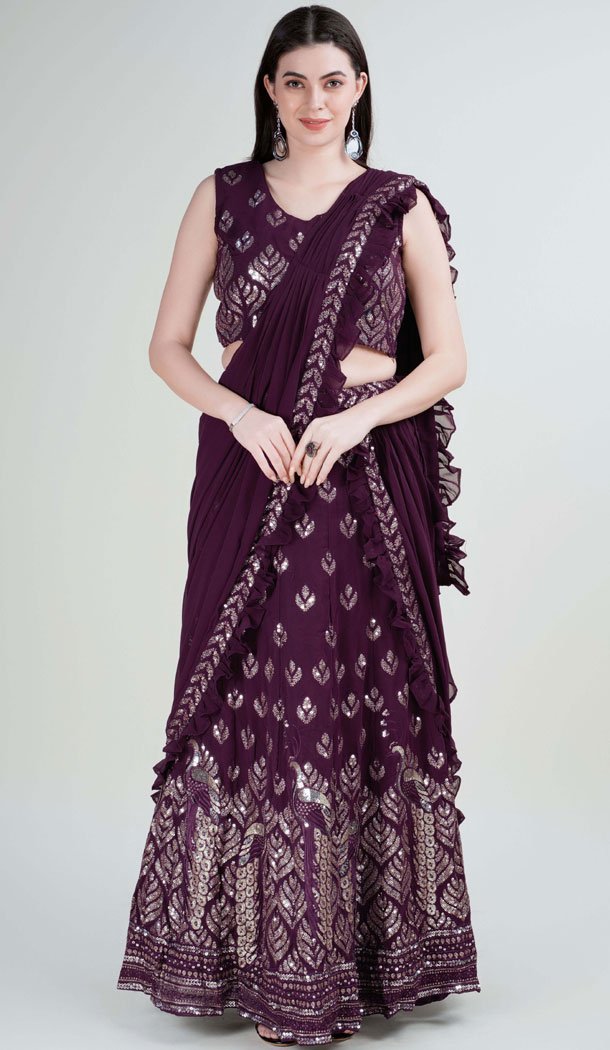 Georgette Embroidery Work Purple Color Readymade Lehenga Choli - 8519182877