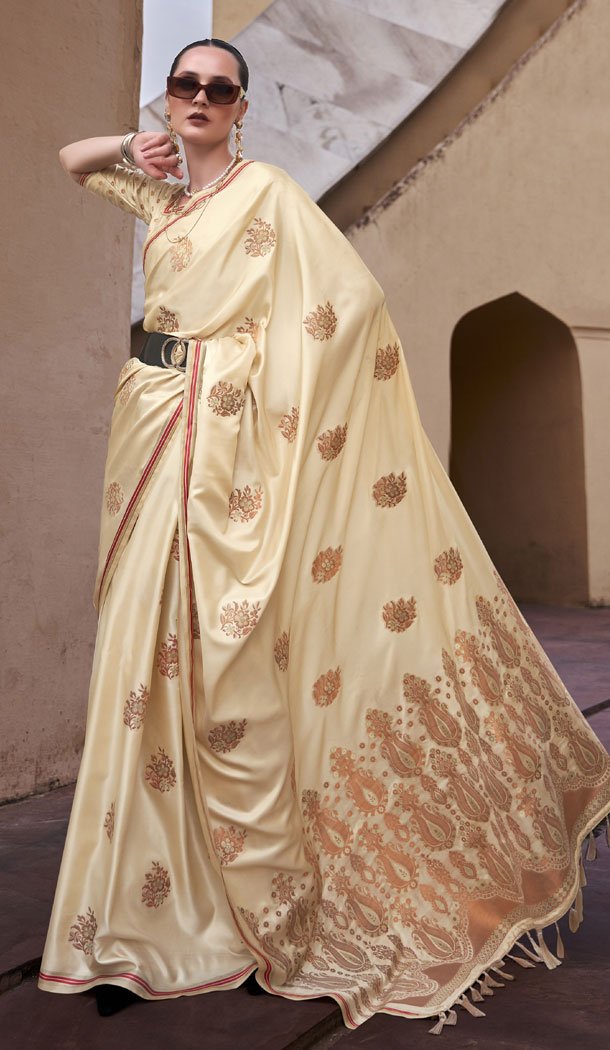Pure Satin Zari Weaving Work Indian Saree Blouse In Cream - 8520182879