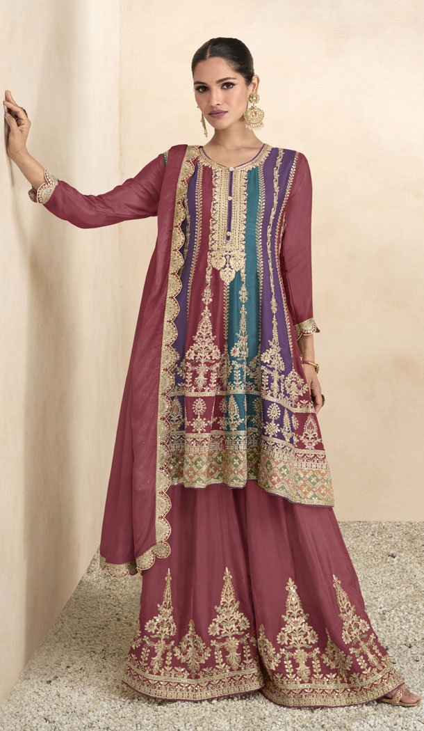 Pink Real Chinon Embroidery Work Readymade Palazzo Salwar Suit - 8522182888