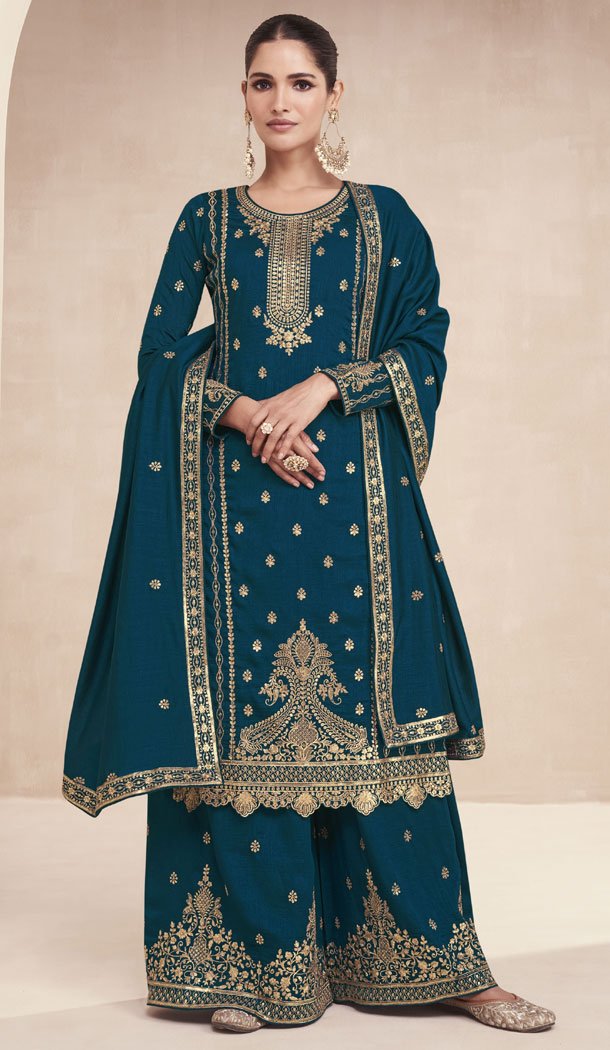 Premium Silk Embroidered Teal Blue Pakistani Style Palazzo Suit - 8525182898