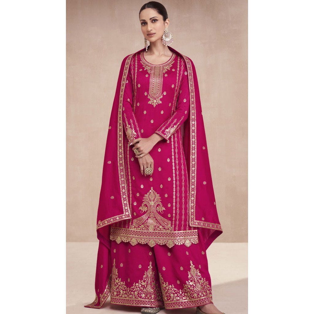 Premium Silk Embroidered Rani Pink Plus Size Pakistani Palazzo Suit ...