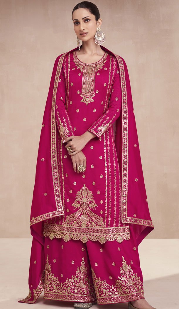 Premium Silk Embroidered Rani Pink Pakistani Style Palazzo Suit - 8525182899