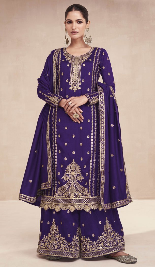 Premium Silk Embroidered Purple Pakistani Style Palazzo Suit - 8525182900