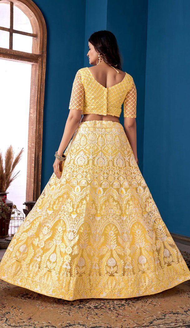 Net Yellow Color Embroidery Work Indian Lehenga Choli -8535182936