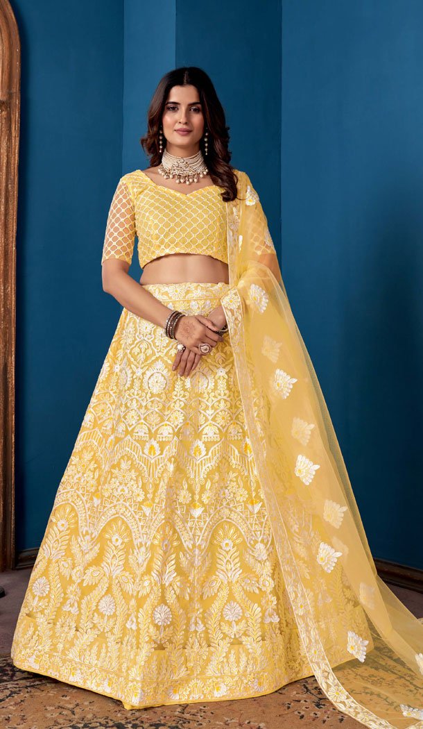 Net Yellow Color Embroidery Work Indian Lehenga Choli -8535182936