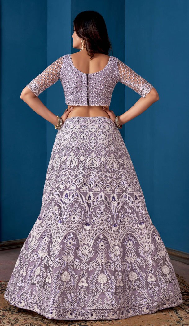Net Lavender Color Embroidery Work Indian Lehenga Choli -8535182937