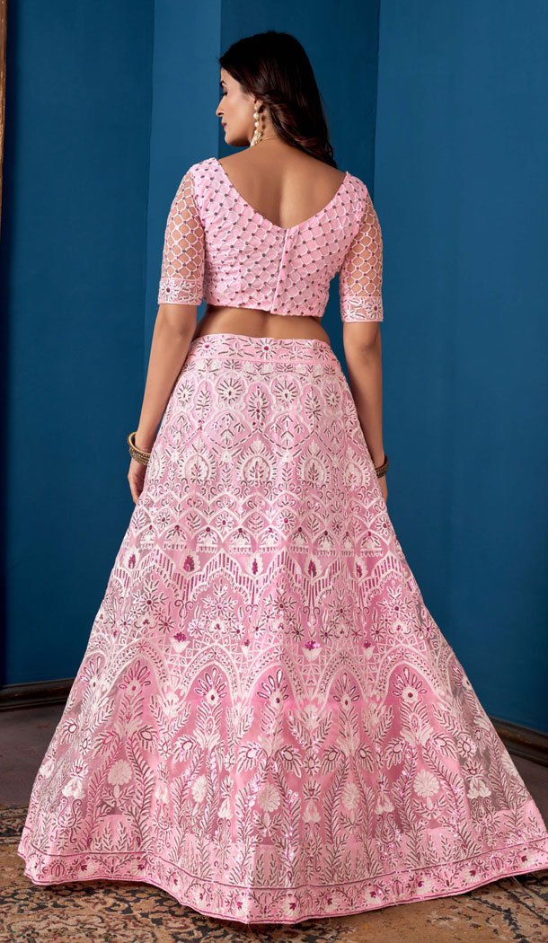 Net Pink Color Embroidery Work Indian Lehenga Choli -8535182938
