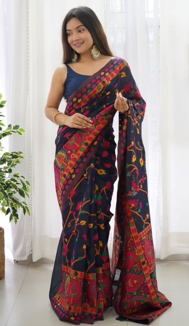 Navy Blue Color Soft Silk Weaving Work Indian Saree - 8537182949