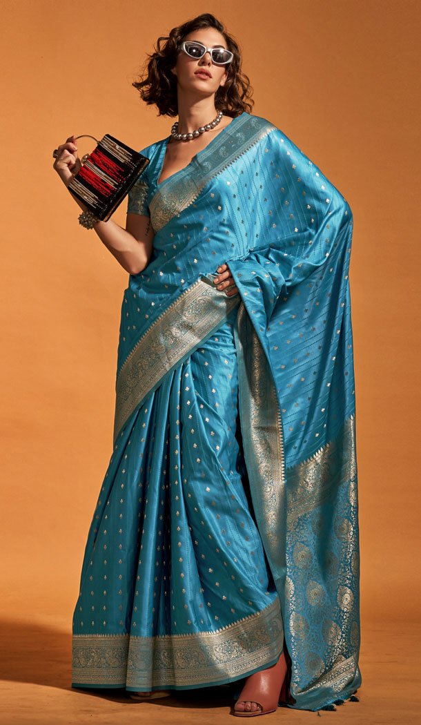 Zari Weaving Work Satin Silk Indian Saree Blouse In Sky Blue - 8545182978
