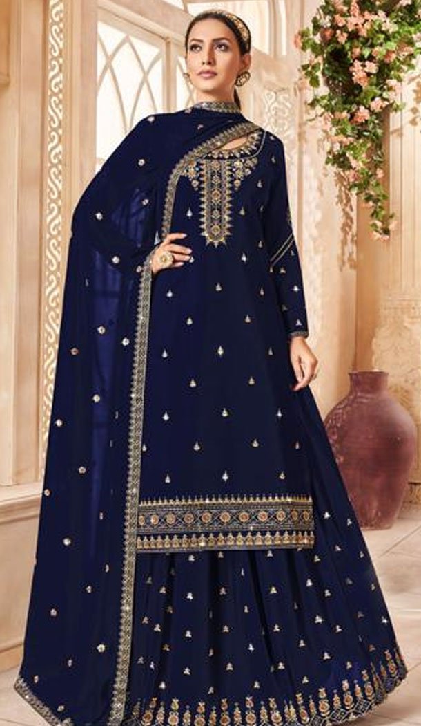 Georgette Embroidery Work Navy Blue Color Lehenga Suit - 8558183036