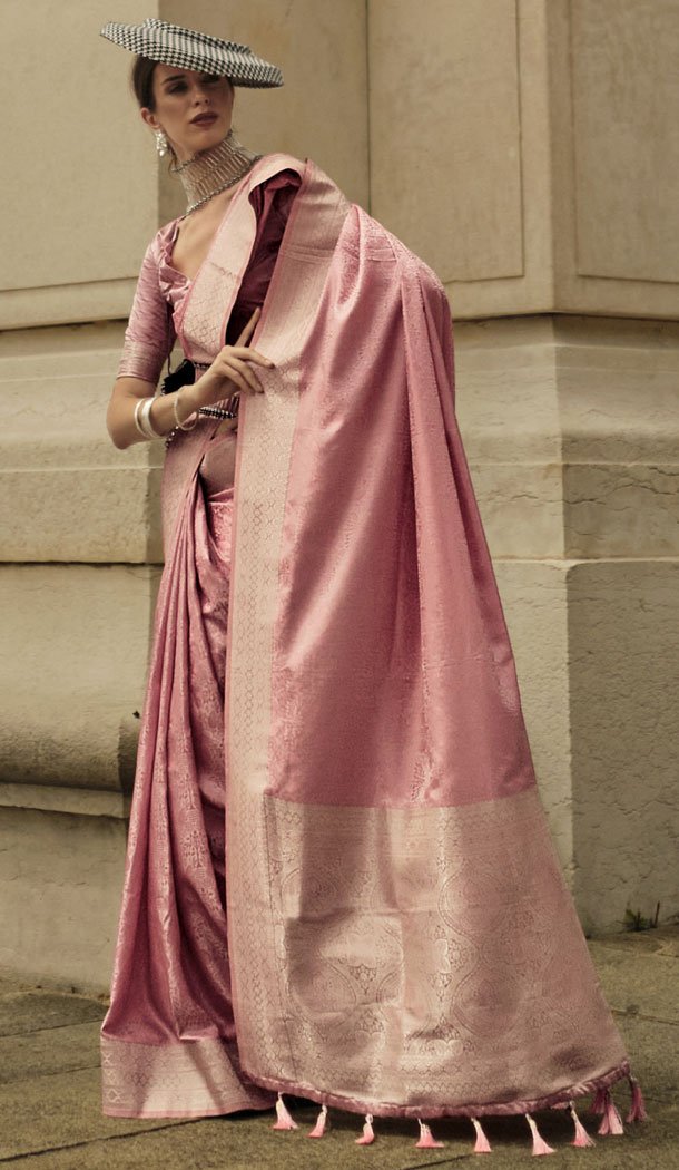 Peach Satin Silk Zari Woven Work Indian Wear Saree - 8559183044