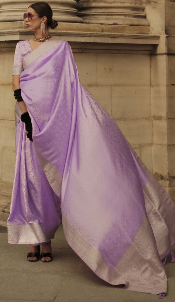 Lavender Satin Silk Zari Woven Work Indian Wear Saree - 8559183045