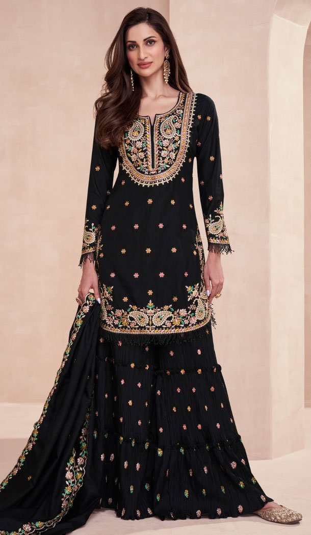 Dola Silk With Sequins Work Pakistani Sharara Suit In Black - 8565183062