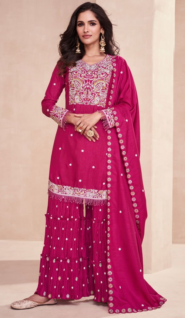 Dola Silk With Sequins Work Pakistani Sharara Suit In Rani Pink - 8565183063