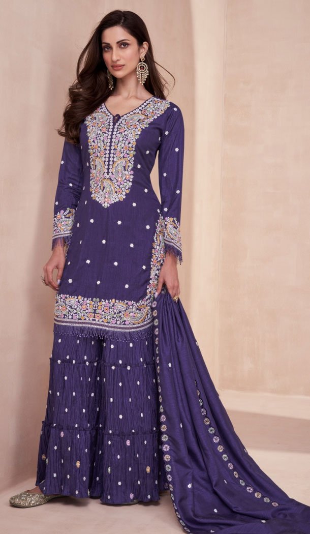 Dola Silk With Sequins Work Pakistani Sharara Suit In Purple - 8565183064