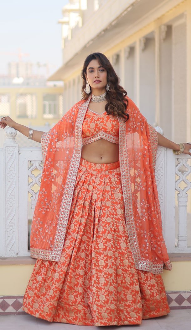 Party Wear Woven Work Pure Viscose Orange Lehenga Choli - 8572183097