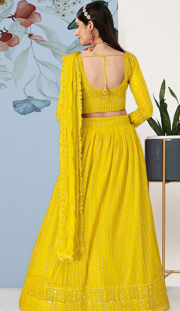 Faux Georgette Sequins Work Women Lehenga Choli In Lemon - 8580183126