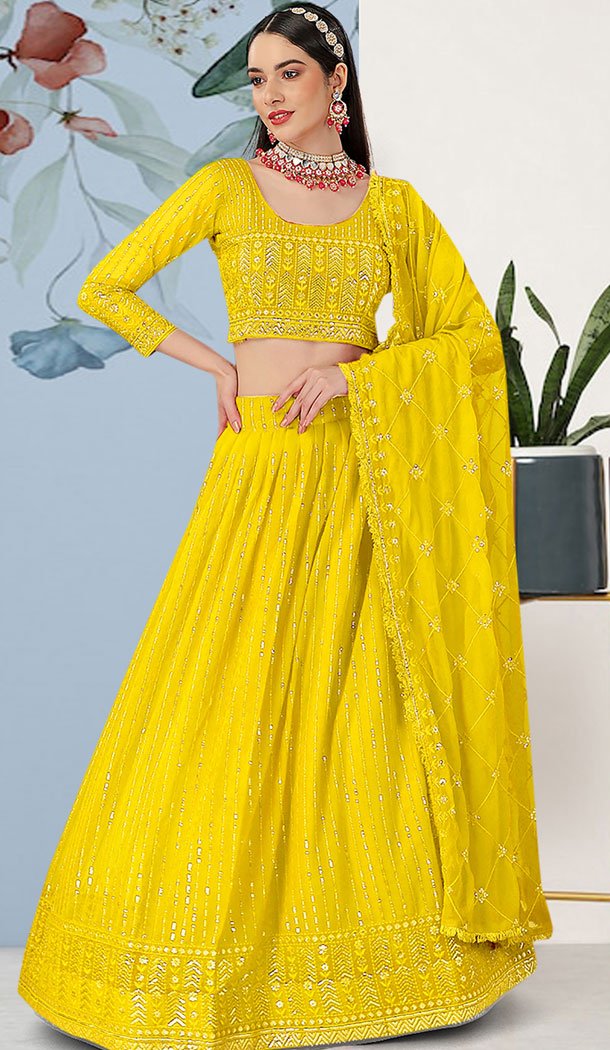 Faux Georgette Sequins Work Women Lehenga Choli In Lemon - 8580183126